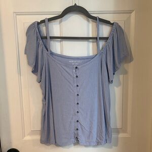 American Eagle Outfitters Light Blue Striped Off-Shoulder Button Front Top